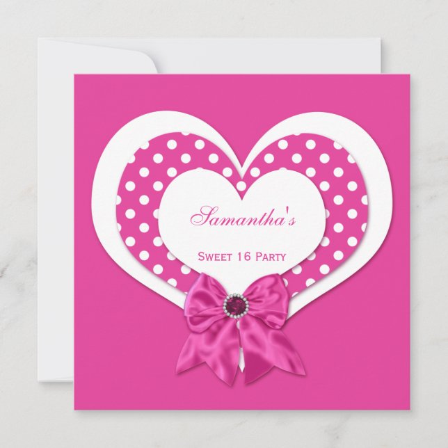 Sweet 16 Pink White Hearts Pink Jewels Polka Dots Invitation (Front)