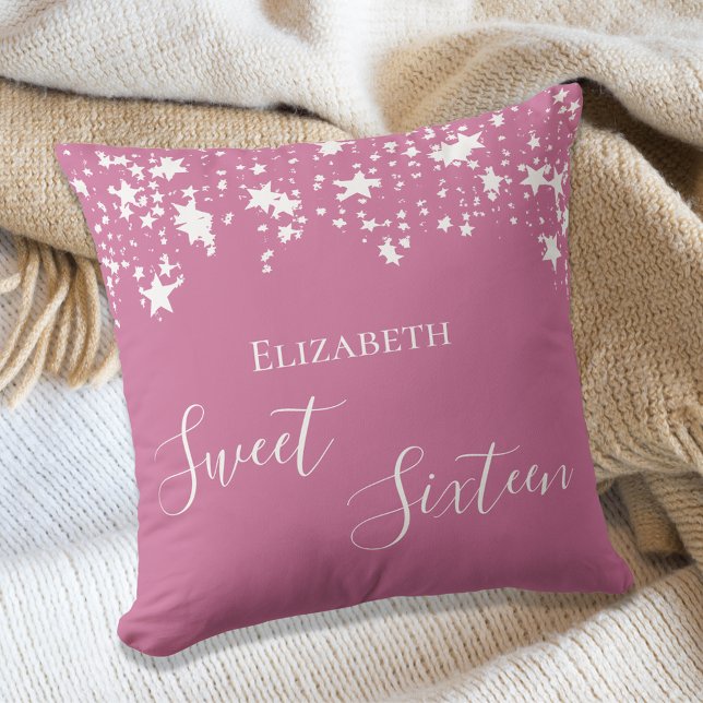 Sweet 16 pink white stars name throw pillow (Creator Uploaded)