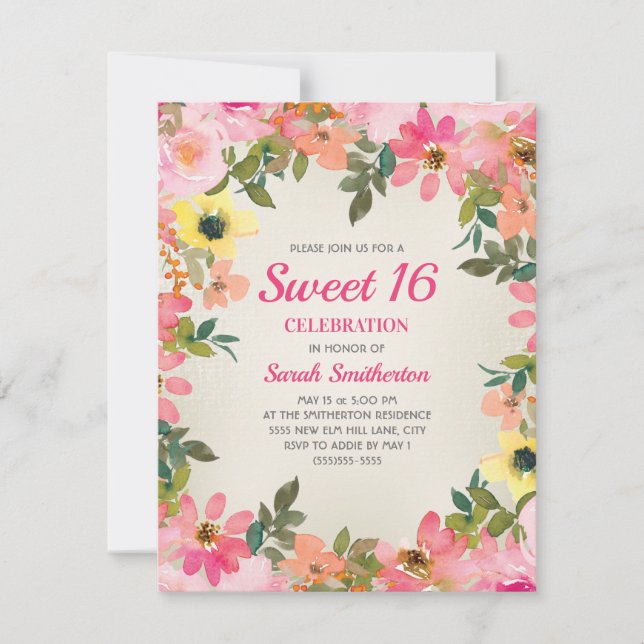 Sweet 16 Pink Yellow Watercolor Flowers Invitation (Front)