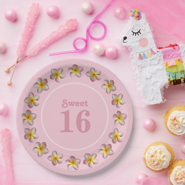 Sweet 16 & Plumeria Flowers on Pink Paper Plate (Party)