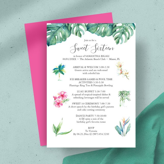 Sweet 16 Pool Party Invites Illustrated Itinerary (Sweet 16 birthday invitations tropical watercolor itinerary art by Victoria Grigaliunas DoTellABelle)