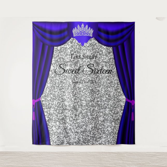 Sweet 16 Princess Crown Blue Curtain Silver Glitte Tapestry (Front)