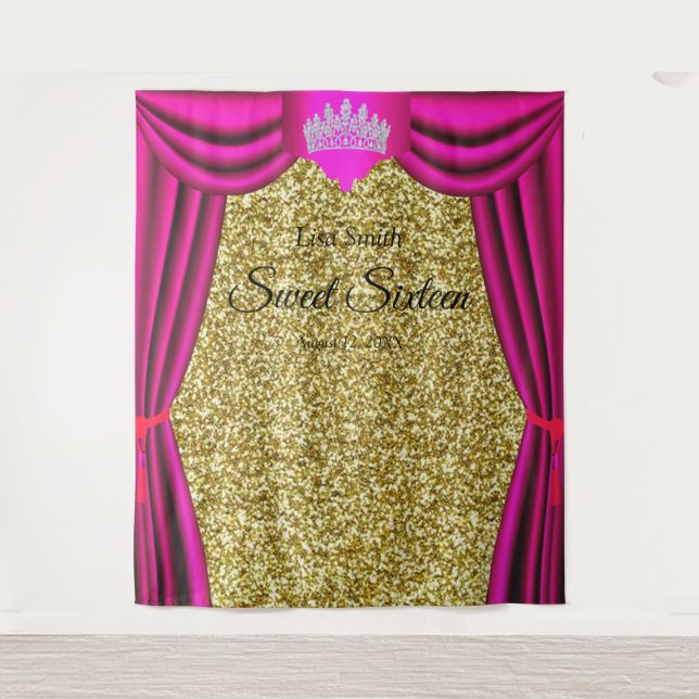 Sweet 16 Princess Crown Pink Curtain Gold Glitter  Tapestry (Front)