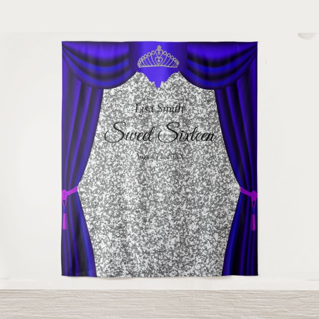 Sweet 16 Princess Tiara Blue Curtain Silver Glitte Tapestry (Front)