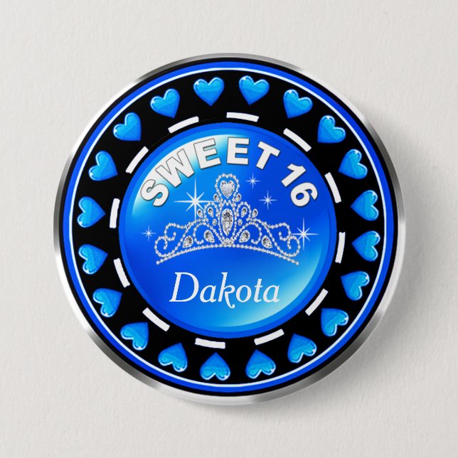 Sweet 16 Princess Tiara Love Hearts | blue 3 Inch Round Button (Front)