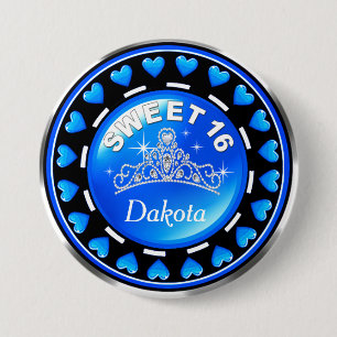 Sweet 16 Princess Tiara Love Hearts   blue 3 Inch Round Button