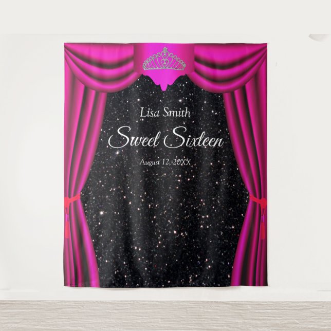 Sweet 16 Princess Tiara Pink Curtain Black Glitter Tapestry (Front)