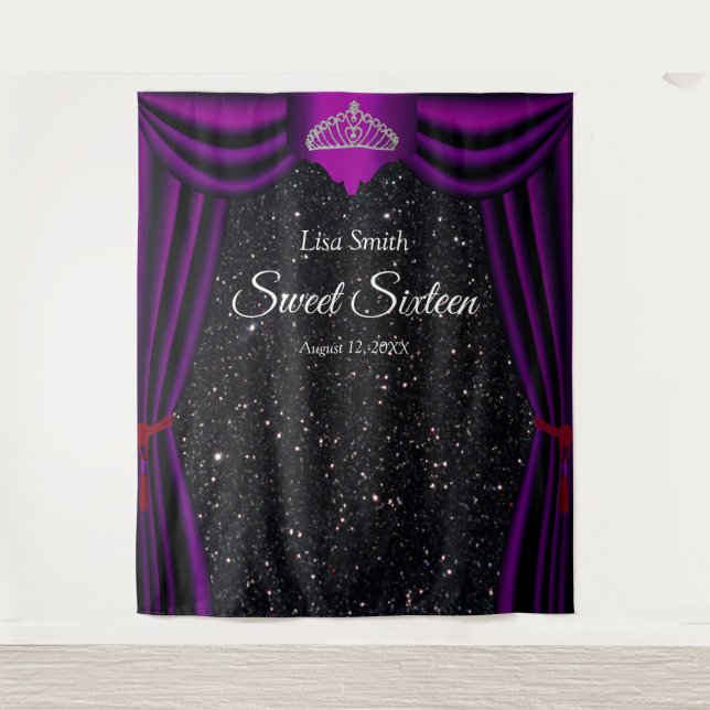 Sweet 16 Princess Tiara Purple Curtain Black Glitt Tapestry (Front)