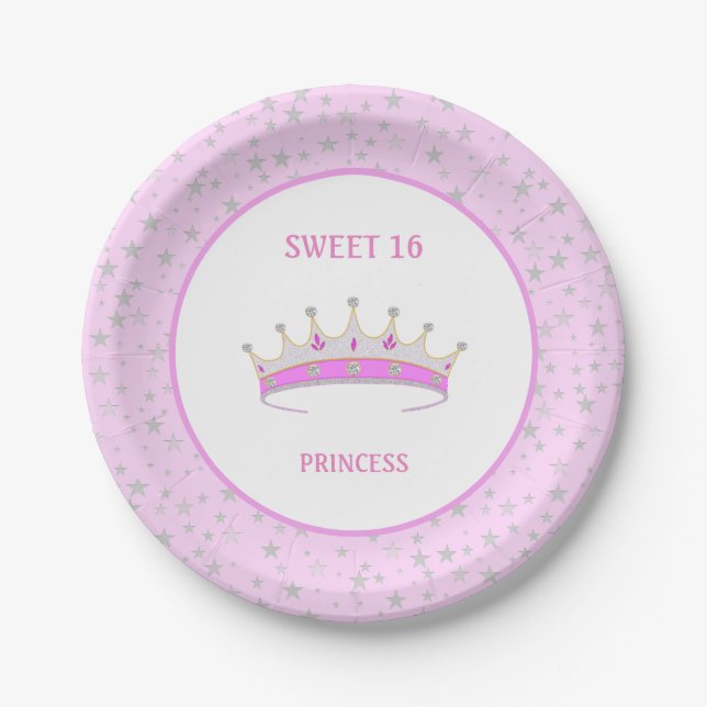 Sweet 16 Princess Tiara & Stars Confetti Paper Plate (Front)