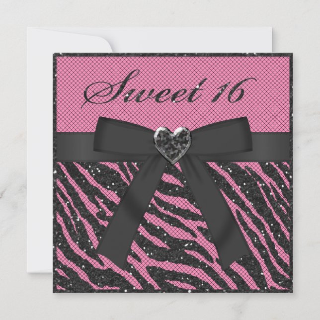 Sweet 16 Printed Zebra Stripe Glitter, Jewel & Bow Invitation (Front)