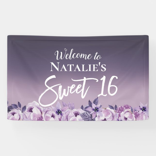 Sweet 16 Purple Floral Elegant Gradient Banner (Horizontal)