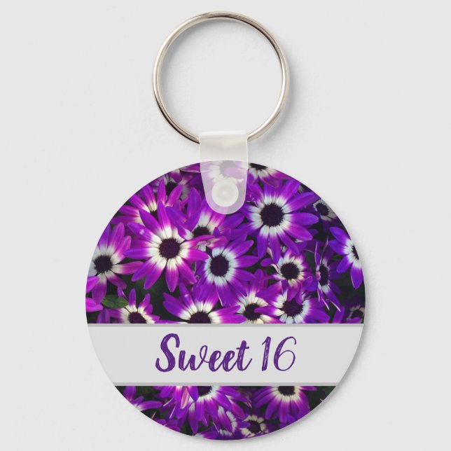 Sweet 16 Purple Flower Photo Pretty Birthday Keychain (Front)