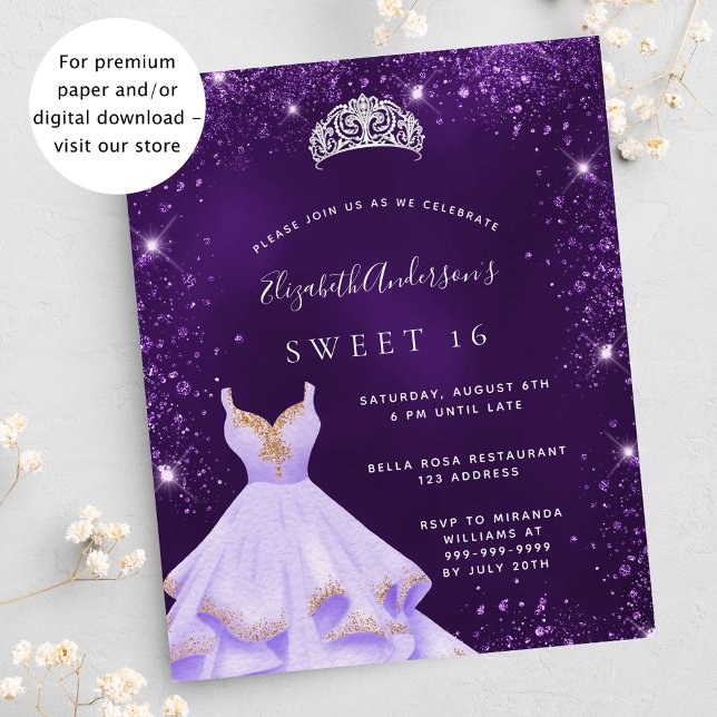 Sweet 16 purple glitter dress budget invitation flyer (Creator Uploaded)