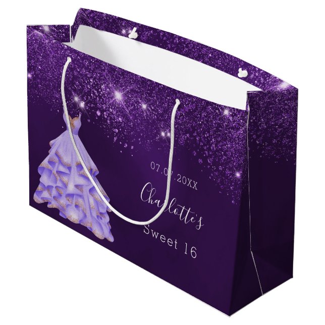Sweet 16 purple glitter dust dress name large gift bag (Back Angled)