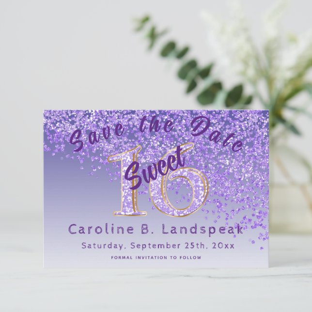 Sweet 16 Purple Glitter Stylish Glitter Number 16  Save The Date (Standing Front)