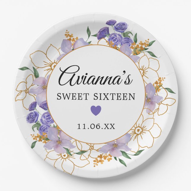 Sweet 16 Purple Gold Floral Party Paper Plate (Front)