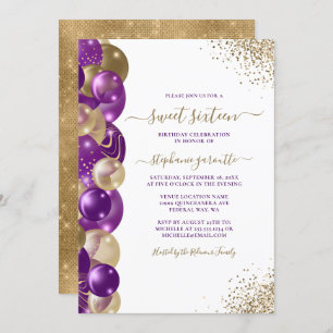 Sweet 16 Purple Gold Sparkle Balloon Invitation