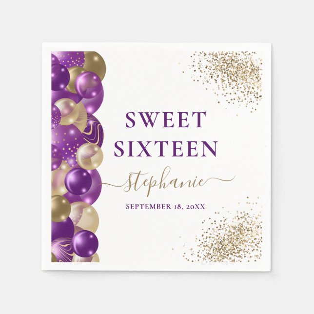 Sweet 16 Purple Gold Sparkle Balloon Napkin (Front)