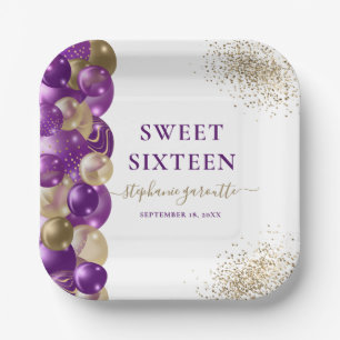 Sweet 16 Purple Gold Sparkle Balloon Paper Plate