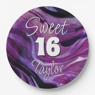 Sweet 16 Purple Marble Personalized Paper Plate
