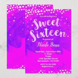 Sweet 16 Purple & Pink Girly Trendy Modern Party Invitation