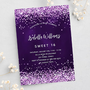 Sweet 16 purple pink glitter glamourous invitation