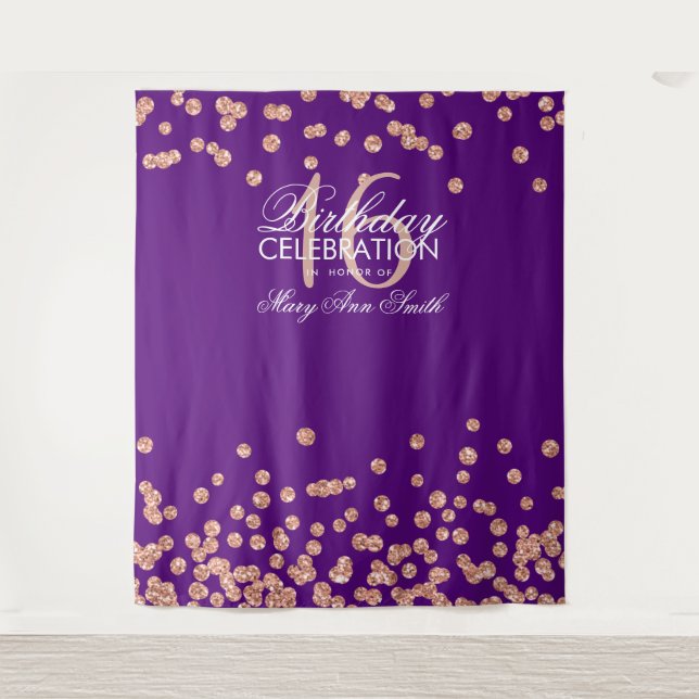Sweet 16 Purple Rose Gold Confetti Backdrop Tapestry (Front)