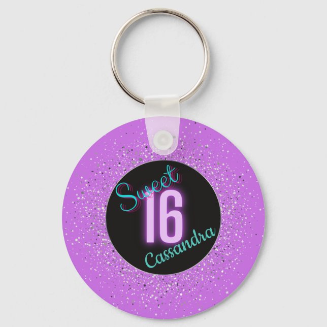 Sweet 16 Purple Silver Brilliance Personalized  Keychain (Front)