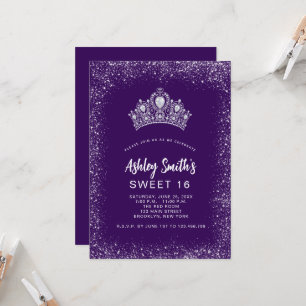 Sweet 16 Purple Silver Glitter Diamond Tiara Invitation