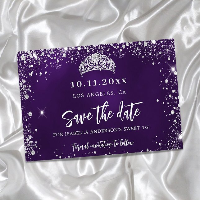 Sweet 16 purple silver glitter tiara party save the date (Creator Uploaded)