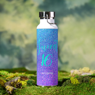 Sweet 16 Purple Teal Glitter Girls Personalized Water Bottle