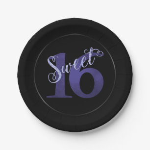 Sweet 16 Purple Watercolor Grunge and Glitter Paper Plate