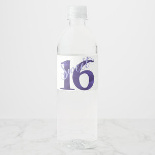Sweet 16   Purple Watercolor Grunge and Glitter Water Bottle Label