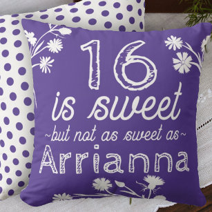 Sweet 16 Purple, White Flowers Personalized Throw Pillow