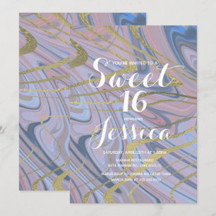 Sweet 16   Quince Marble Liquid Blue Pink Invitation