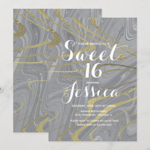 Sweet 16 Quince Marble Liquid Grey Faux Gold Invitation