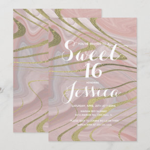 Sweet 16 Quince Marble Liquid Pink Faux Gold Invitation