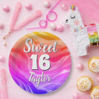 Sweet 16 Rainbow Colored Marble Personalized Paper Plate