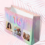 Sweet 16 rainbow glitter drips photo monogram 16th large gift bag<br><div class="desc">A gift bag for a girly and glamourous Sweet 16, 16th birthday. A rainbow, unicorn holographic background in pink, purple, rose gold and mint green with faux glitter drips, paint dripping look. Personalize and add 3 photos and a name. Number 16 is written with a balloon style font. Perfect as...</div>