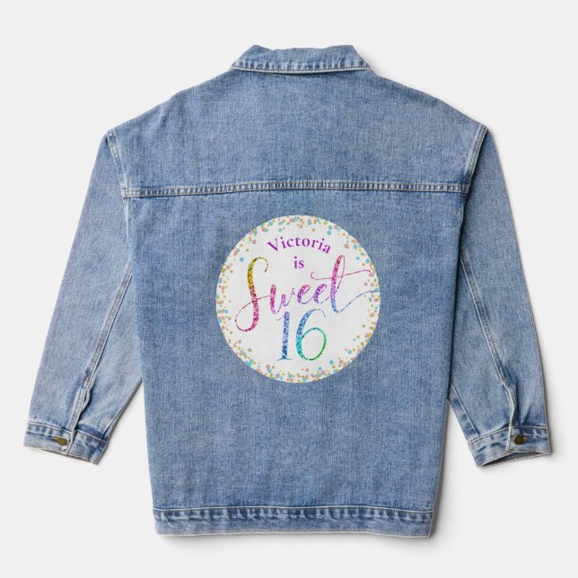 Sweet 16 Rainbow Ombre Glitter Confetti Birthday Denim Jacket (Back)