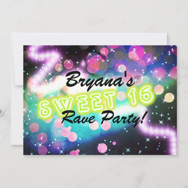 SWEET 16 Rave Club Neon Invitation fête d'annivers (Devant)