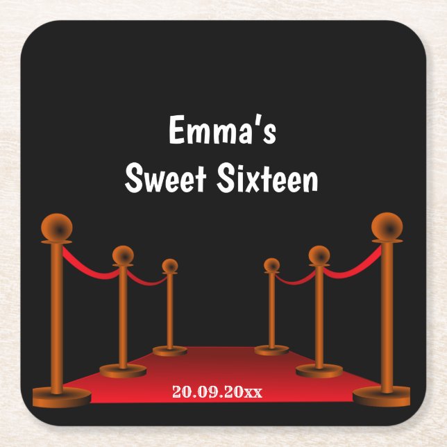 Sweet 16 Red & Black Carpet Confetti Birthday   Square Paper Coaster (Front)