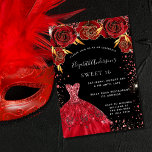Sweet 16 red black glitter dress florals glamourou invitation<br><div class="desc">A modern,  stylish and glamourous invitation for a Sweet 16,  16th birthday party.  A black background with red faux glitter dust,  a dress and red roses,  florals.  The name is written with a modern hand lettered style script.  Personalize and add your party details.</div>