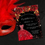 Sweet 16 red black sparkles dress florals invitation<br><div class="desc">A modern,  stylish and glamourous invitation for a Sweet 16,  16th birthday party.  A black background with red faux sparkles,  a dress and red roses,  florals.  The name is written with a modern hand lettered style script.  Personalize and add your party details.</div>
