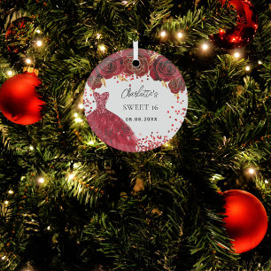 Sweet 16 red dress flowers white glass ornament