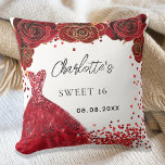 Sweet 16 red dress flowers white throw pillow<br><div class="desc">For a Sweet 16,  16th birthday party.  A white background with red confetti,  a dress and red roses,  florals.  The name is written with a modern hand lettered style script.  Personalize and add your name and a date.</div>