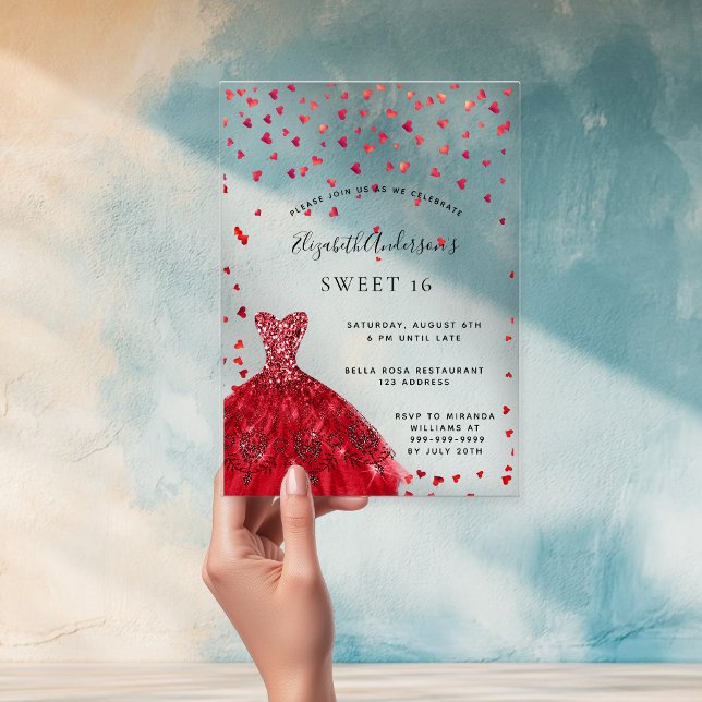 Sweet 16 red dress hearts clear acrylic invitations (Creator Uploaded)