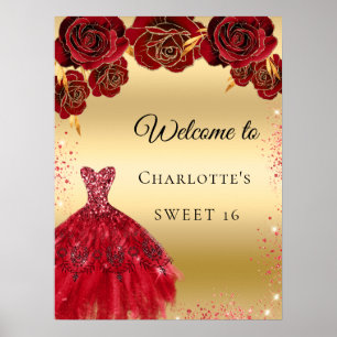 Sweet 16 red gold dress floral welcome poster