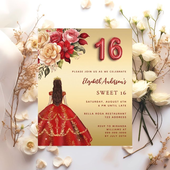 Sweet 16 red gold dress florals roses invitation (Creator Uploaded)