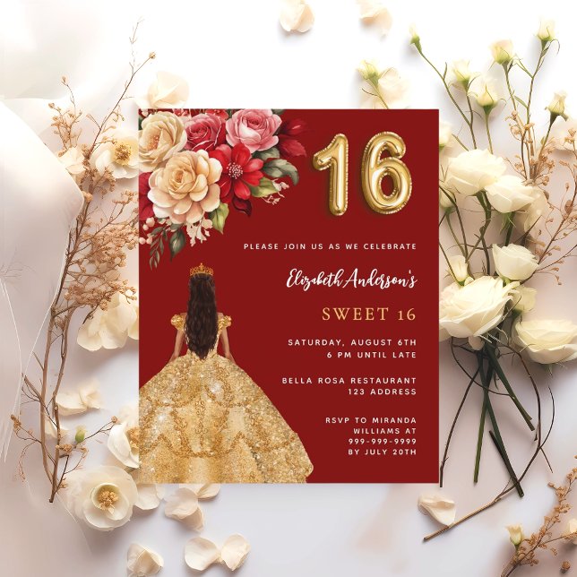 Sweet 16 red gold dress florals roses invitation (Creator Uploaded)